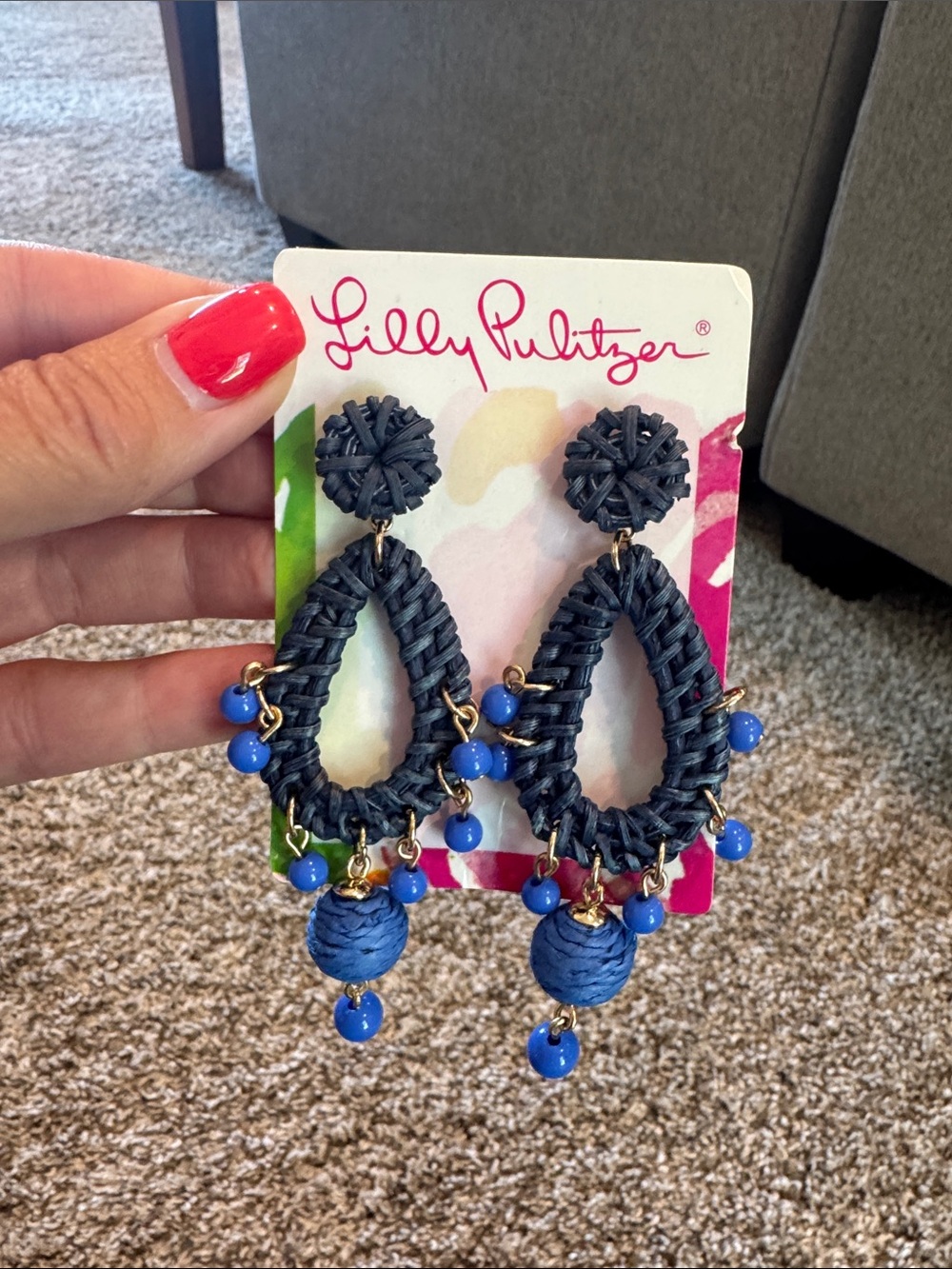 Lilly Pulitzer Navy Raffia Teardrop Earrings with Blue Beads